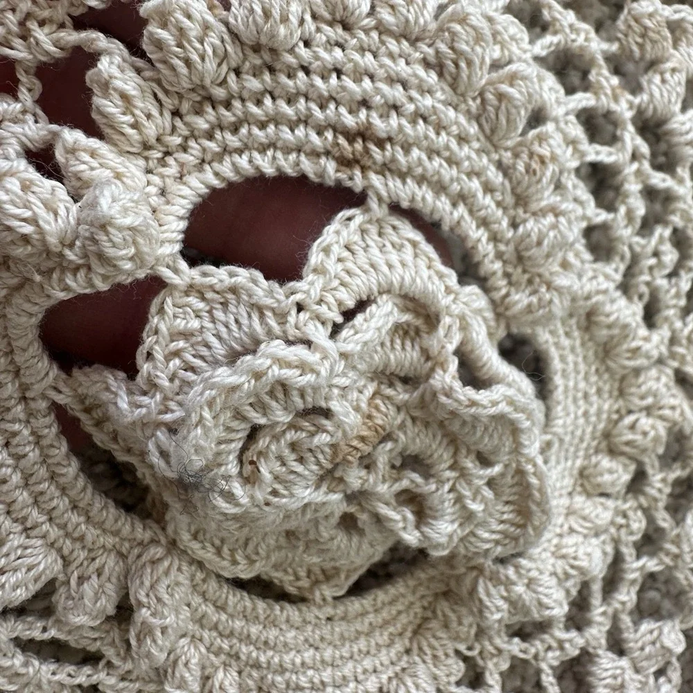 Vintage Crocheted Large Tablecloth Blanket Afghan Throw Beige Ivory 9x7ft Tassel